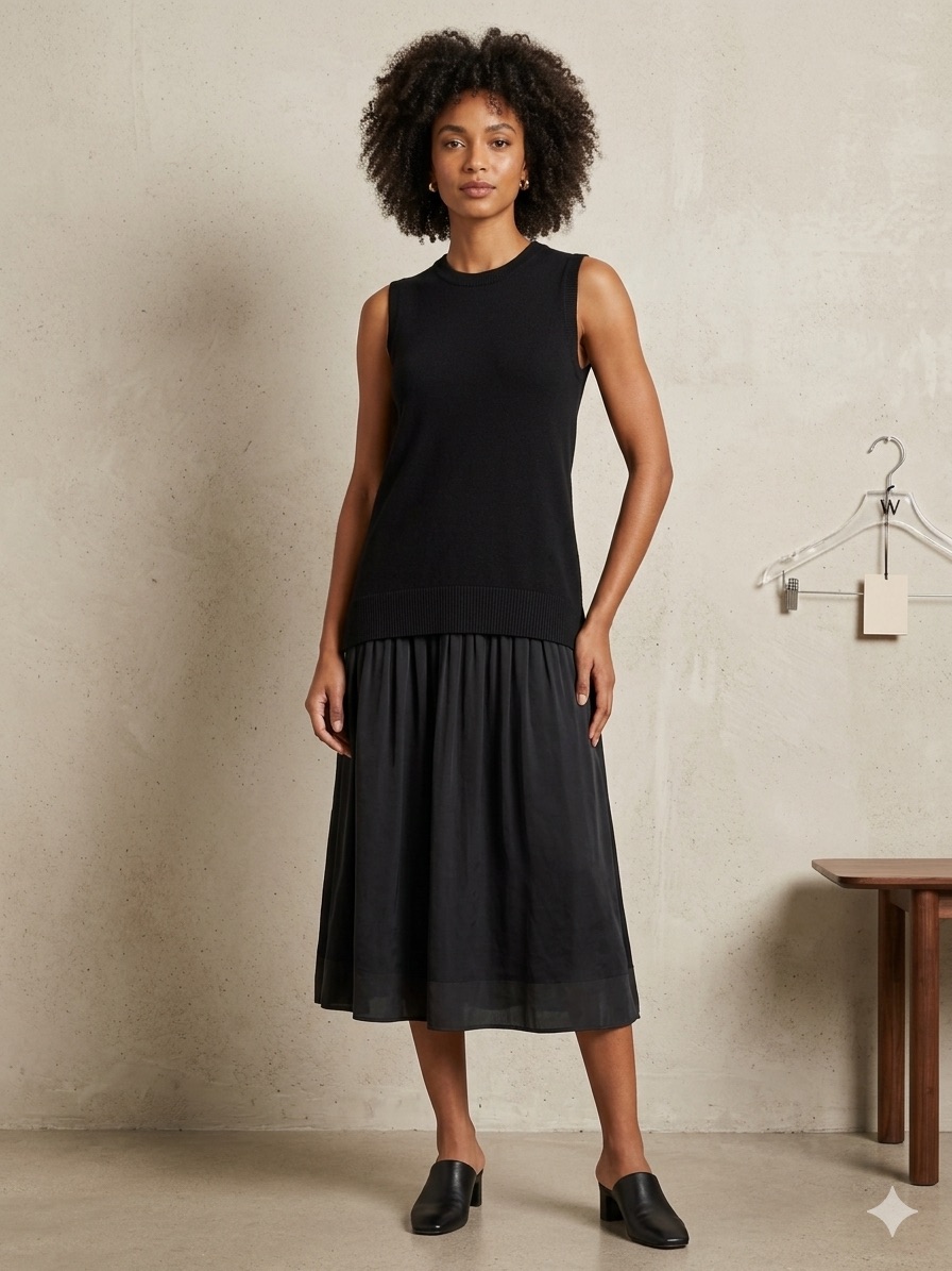 Worth New York Black Mixed Media Ribbed Knit Midi Dress Medium